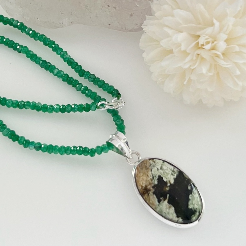 Chrome Chalcedony Solid Sterling Silver 925 Pendant, 4mm 18.5” Jade Necklace New - Picture 3 of 8
